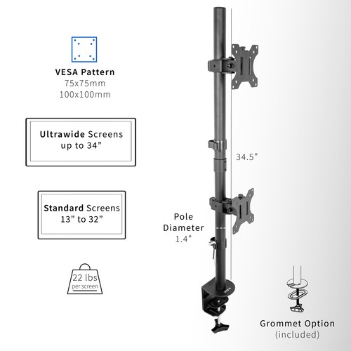 Black Dual LCD Monitor Desk Mount Stand, Stacked Vertical 2 Screens up to 34" - Picture 3 of 8