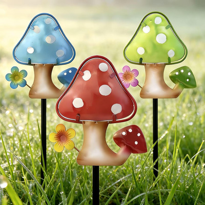 Garden Decor Mushroom Stakes Set of 3, Metal & Glass 10 , Outdoor Mushroom Stake