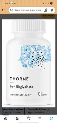 THORNE Iron Bisglycinate 25mg Supplement NSF Certified Gluten-Free 60 Capsules