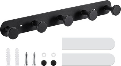 Coat Hooks Wall Mounted, Black Coat Rack with 5 Hooks Adhesive & Screw in Door H