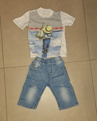 Baby Sommer Set 2 Teile T-Shirt + Capri Jeans Sehr Schön Gr 80 1 Jahr Neuwertig 