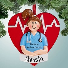 Heart Rate Nurse - Brown Hair - Personalized Christmas Ornament