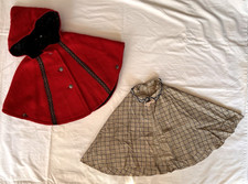 Two Vintage Children's Capes: Austrian Red Wool Hooded Cape  Grid Pattern Silk