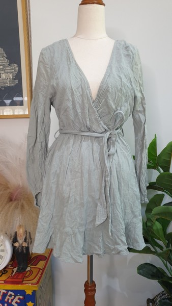 Ally Size 10 Sage Green Cotton Wrap Dress, Sash Belt, Long Sleeve 