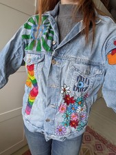 Oversized XS Denim Hand painted Denim Jacket Size 10 Flower Power Hippy Festival