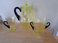Fenton Ribbed Vaseline  Glass Pitcher Set, Glasses Damage