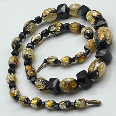 Antique Art Deco vintage gold foil Venetian oval glass beaded necklace beads