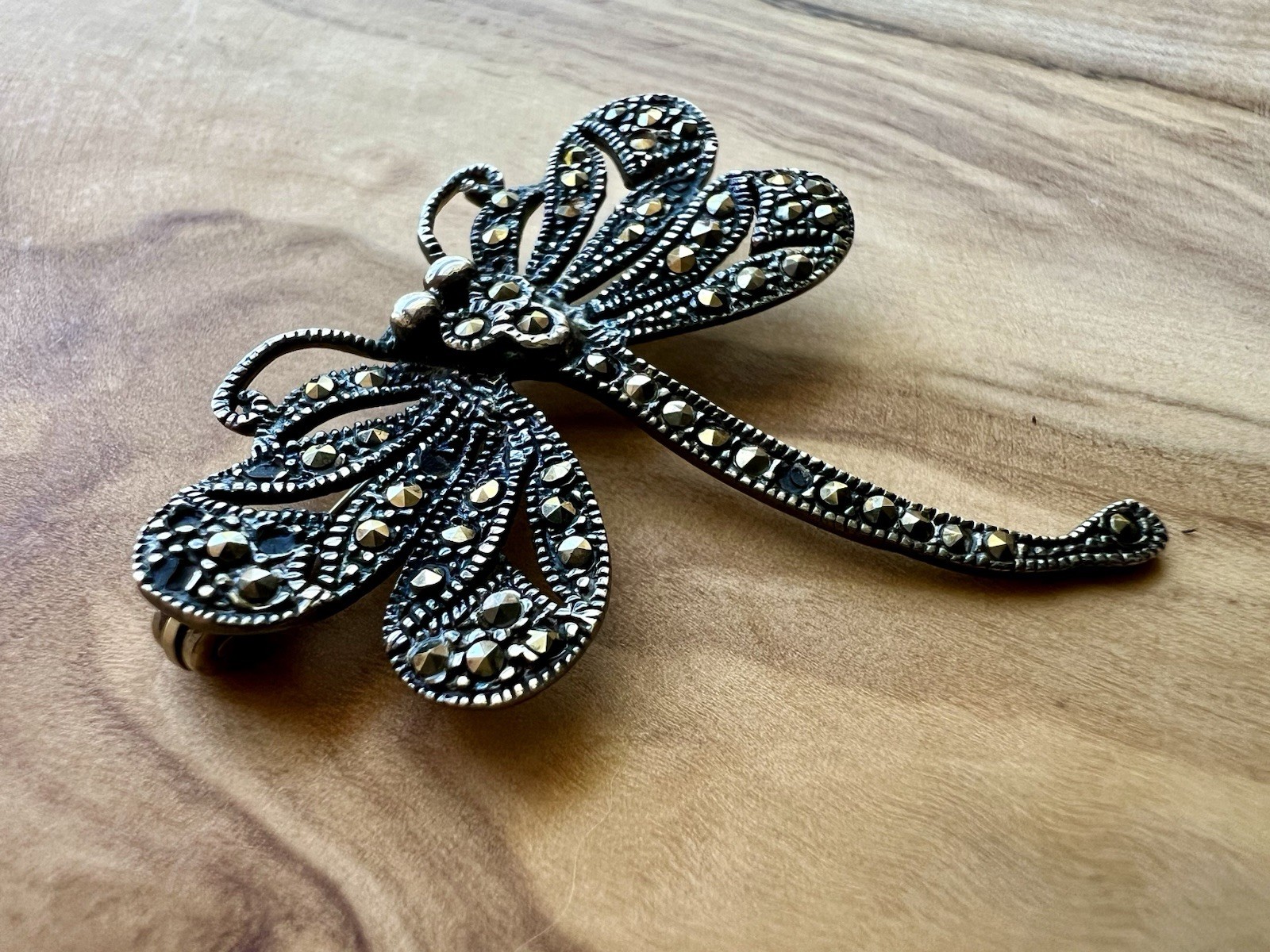 Judith Jack Vintage Sparkling 925 Sterling Silver Dragonfly Marcasite Brooch Pin