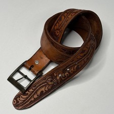 Vintage Hand Tooled Floral Leather Belt Western