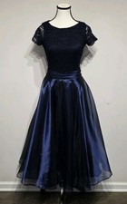 Vtg Y2K Cache Fit Flare Formal Dress Sz 6 Navy Lace Satin Prom Elegant Timeless