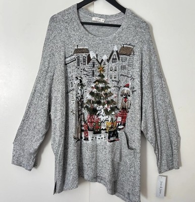 Jess & Jane Christmas Top 3X Womens Gray Dogs Of Christmas 3/4 Slv NEW W/Tags