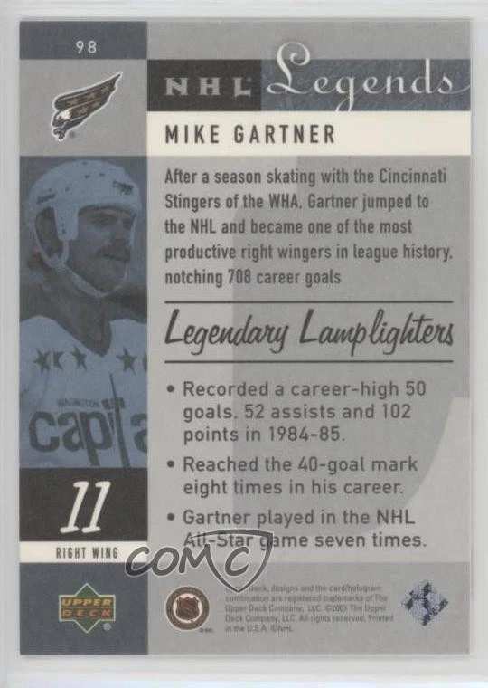 2001-02 Upper Deck Legends Mike Gartner #98 HOF - Image 2 of 2