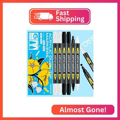 6 White and Black Acrylic Paint Pens Markers, Dual Tip (Fine 1mm + Dot 5mm), Acr