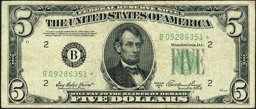 FR. 1961 B* $5 1950-A Federal Reserve Note New York B-* Block VF STAR - Picture 2 of 3