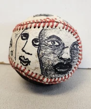 Vintage OUTSIDER ART Surreal Images Faces Robot Drawn on Baseball in Marker