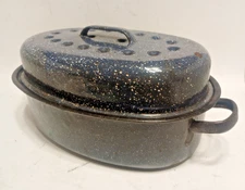 Blue And white Speckled Enamel Oval Roasting Pan with Lid  12”x8” Mid Century