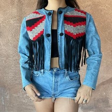 Vintage Denim Fringe Jacket Southwestern Tapestry Western Boho Festival M