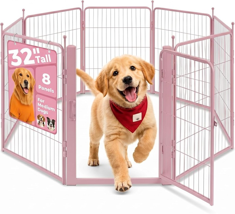 Pink Dog Playpen for Small/Medium Dogs - 32 inch 8 Panels Heavy Duty Metal Puppy