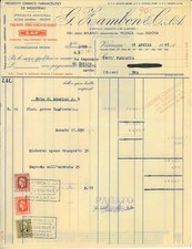Fattura int. G. ZAMBON & C. SA. Prodotti farmaceutici. Vicenza 1945. Vedi marche