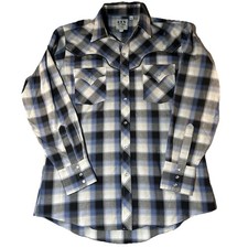 Ely Cattleman Button Up Shirt Mens M Pearl Snap Blue White Plaid Western Cowboy