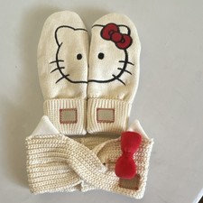 Hello Kitty x Love Your Melon Beige Red Girls Knit Winter Mittens S/M  headband