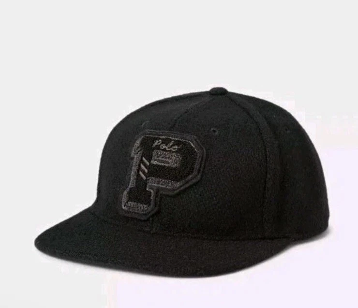 Polo Ralph Lauren Baseball Hat Cap Size Small Fitted Black Wool P PATCH Varsity