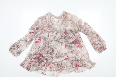 Rutzou Damen mehrfarbige geometrische Baumwolle Basic Bluse Größe 8 V-Ausschnitt - Rüschen