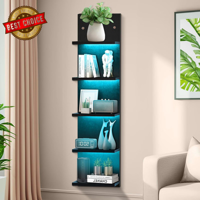 Black 5 Tier Display Shelf Case with Lights LED Wall Mount Vertical Lack Shelf W