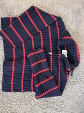 ZARA Girls Knit Sweater Half Zip, Navy With Red Stripes, Size 9-10