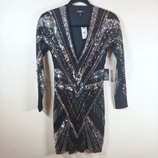Express Sequin Mesh Long Sleeve Bodycon Mini Dress Black Silver XS Party Glam