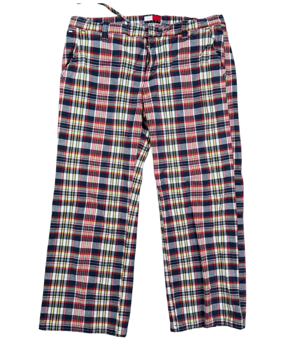 Vintage Y2K Tommy Jeans Plaid Capri Pants Women 7 Red Navy Crop Cotton Low Rise