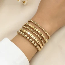 Beaded Charm Bracelet Gold Color Elastic Handmade Statement Link Chain Jewelry