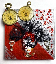 DOLLHOUSE MINIATURE THEATER MASK RHINESTONE HAND PAINTED 3D CANVAS OOAK LYOUNG