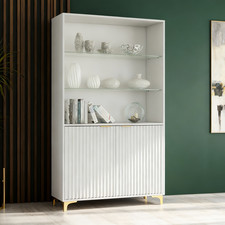 100cm White Display Cabinet | Fluted Doors, Glass Shelves, Gold Legs & Handles