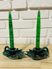 2 Vintage 1960's Emerald Green Silver Flake MCM Lucite Christmas Candlesticks L3