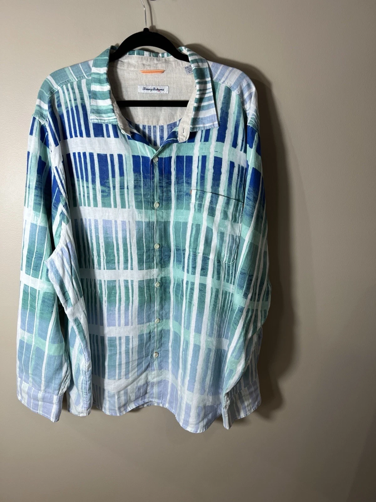 Tommy Bahama Linen Shirt Mens XXL Blue Aqua White Long Sleeve Button Up