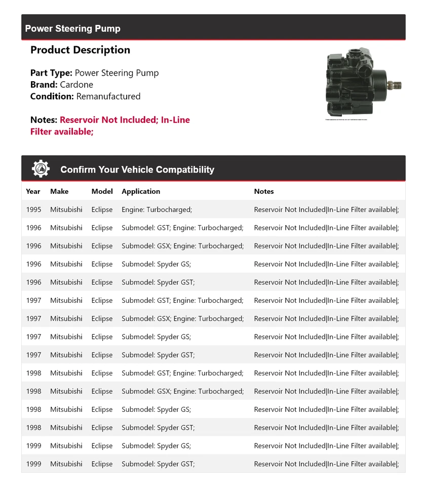 Bomba de dirección asistida Cardone 1996 1997 1998 para Mitsubishi Eclipse 1995-1999 Foto 2 de 4