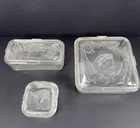 Vtg Federal Vegetable Pattern Clear Glass refrigerator Dishes Set of 3 w/ Lids