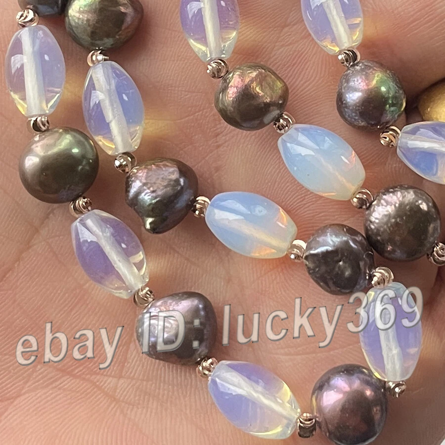 Collar de perlas barrocas negras de 18"-36" 10-11 mm y cuentas de gemas de piedra lunar de arroz de 8x12 mm Foto 3 de 4