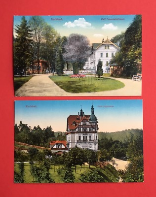 2 x Postcard Carlsbad in Bohemia around 1910 Cafe Friendship Hall and Hunting Lodge (45062