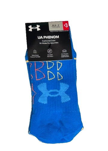 Under Armour, UA Phenom 3 Pack Crew Socks Photon Blue/Ast, Size 4.5-7