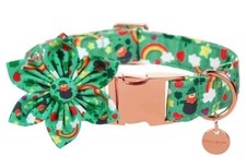 DOGWONG St. Patrick's Day Dog Collar with Flower, Green Shamrock XS