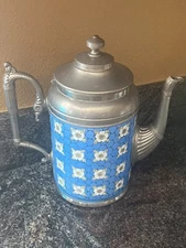 Old Pewter Blue & White Granite Ware APPLE BLOSSOM Teapot - Antique Enamel Ware