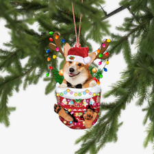 Welsh Corgi Dog Snow Pocket Xmas Ornament, Corgi Dog Merry Christmas Ornament