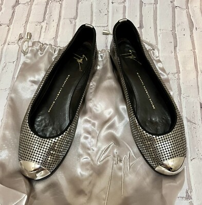 GiuseppeZanotti Metallic LeatherMetal Cap Toe Ballet Flat,Size 39