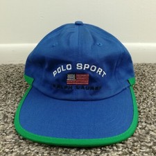 Vintage 90s Polo Sport Ralph Lauren Hat Cap Strapback USA Flag Spellout Blue