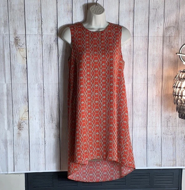 Three Eighty Two Dress Womens XS Chiffon Shift Geo Print Round Neck Hi Low Mini