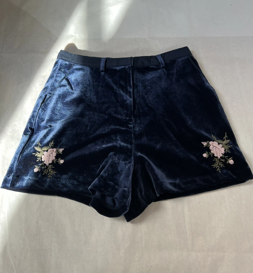 Pantalones Cortos Lauren Conrad Pasarela Terciopelo Floral Bordado Azul Talla 12 Nuevos con Etiquetas Foto 2 de 4