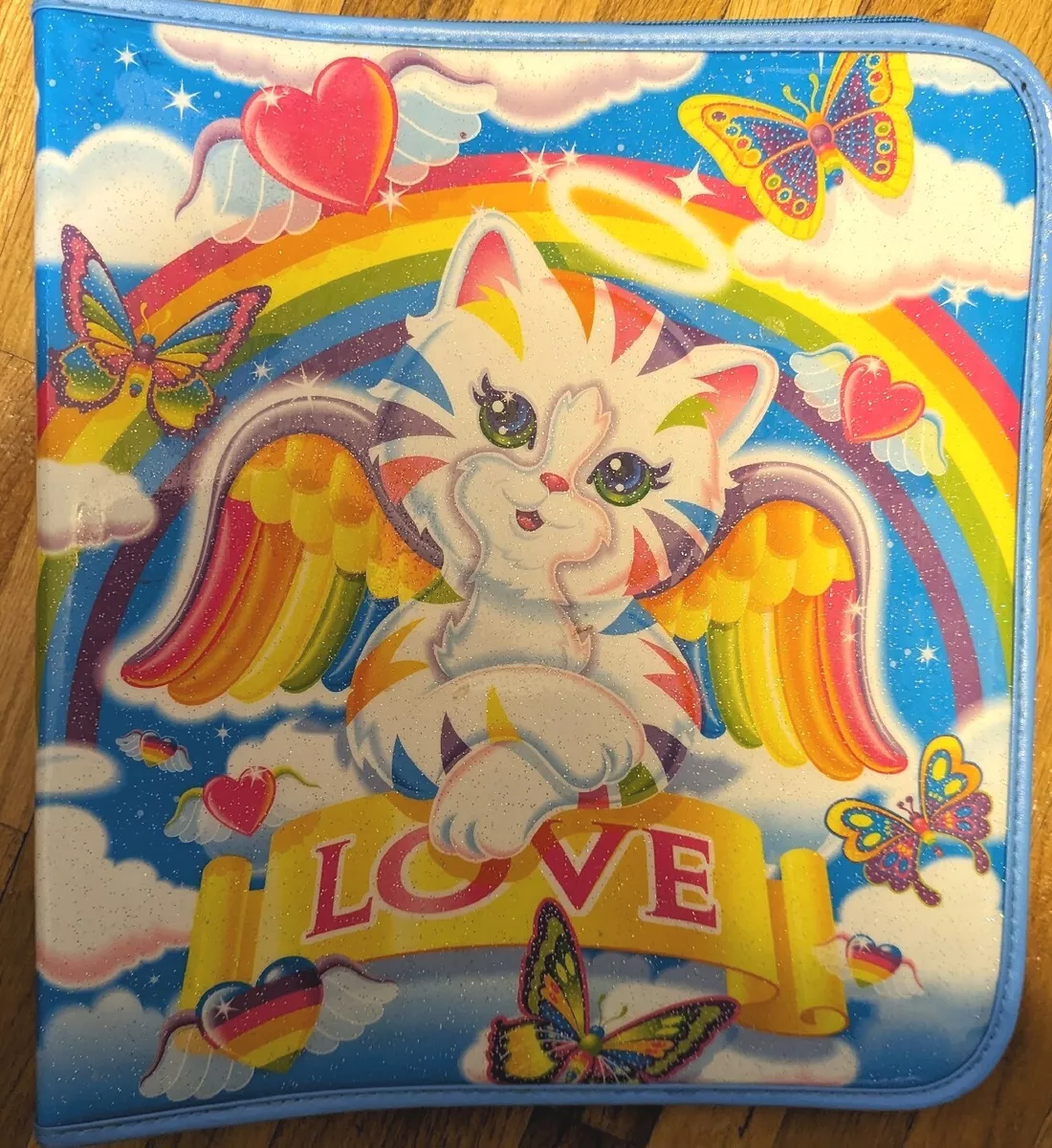 Vintage Lisa Frank "Love" Three Ring Zipper Binder Shimmery Cover.