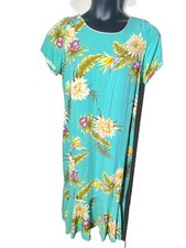 Two Palms Blue Floral Size Large Rayon Hawaiian Maxi Dress Ruffled Hem Vacay